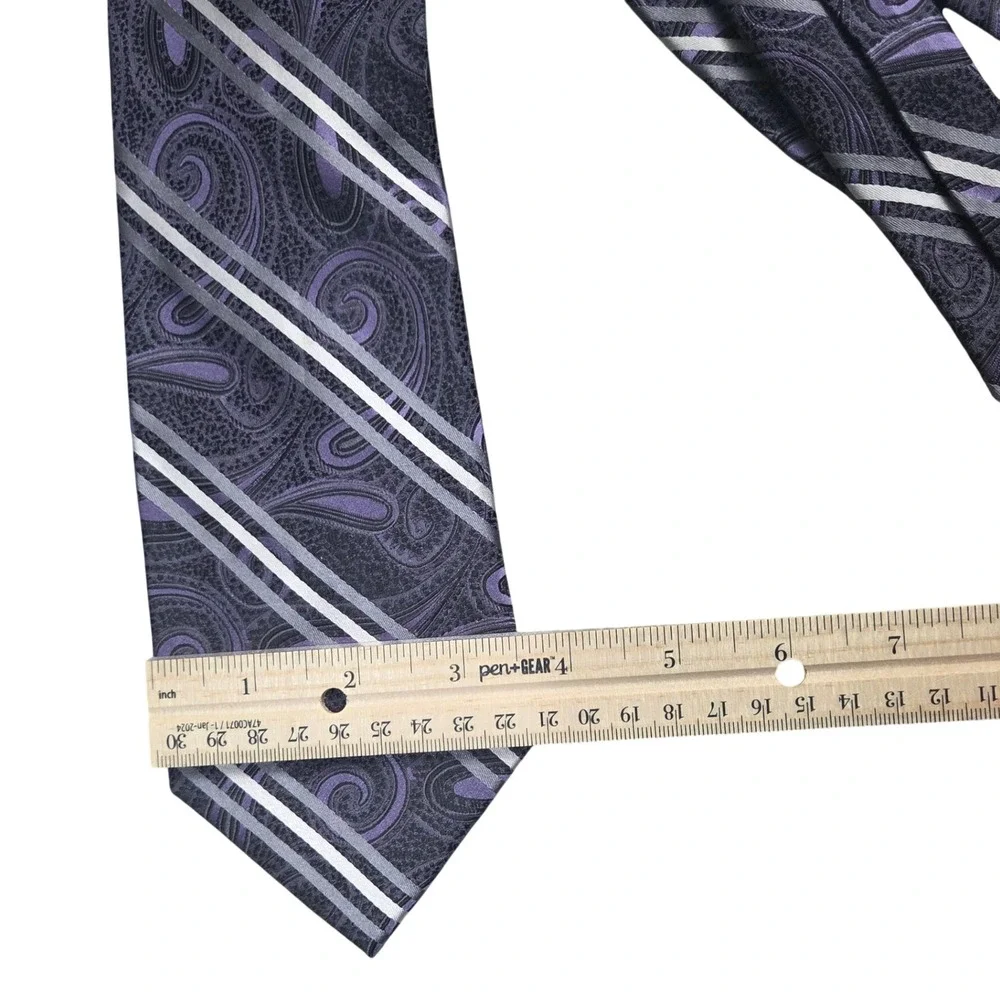 Pronto Uomo Couture Mens Purple Silver Paisley Striped 100% Silk Necktie Tie